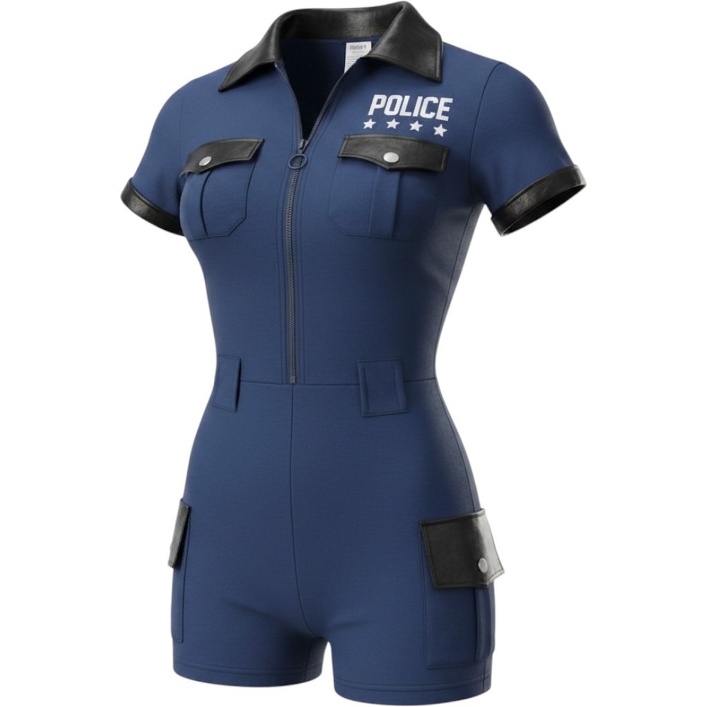 Spirit Halloween Police Officer Costume Romper Navy Blue Faux Leather Trim Small